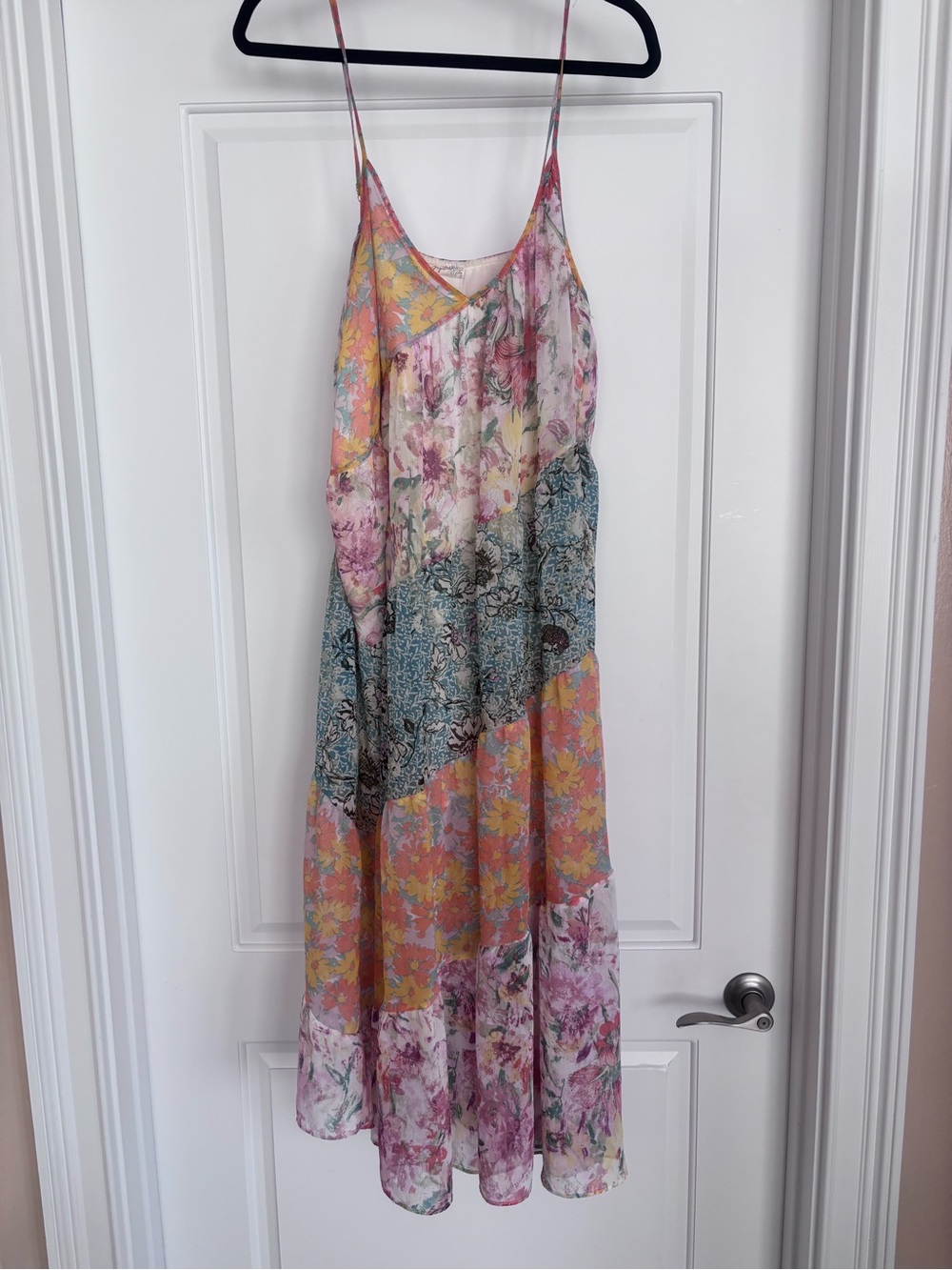 Altar'd State Pastel Floral Patchwork Maxi Slip Dress in Pink, Yellow, Blue